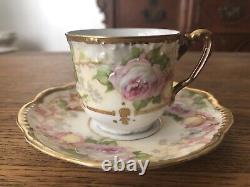 Antique A. K. Limoges Demitasse Cup & Saucer Enameled Roses & Fancy Gold Trim