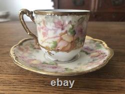 Antique A. K. Limoges Demitasse Cup & Saucer Enameled Roses & Fancy Gold Trim