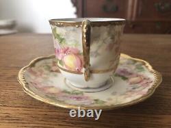 Antique A. K. Limoges Demitasse Cup & Saucer Enameled Roses & Fancy Gold Trim