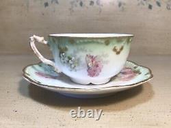Antique A. K. Limoges Demitasse Cup & Saucer Pink Flowers With Gold Trim