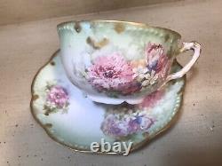 Antique A. K. Limoges Demitasse Cup & Saucer Pink Flowers With Gold Trim