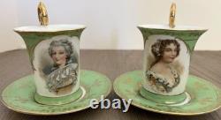 Antique Austrian Portrait Demitasse Cups Saucers Higgins Seiter Green Gold