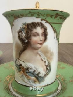 Antique Austrian Portrait Demitasse Cups Saucers Higgins Seiter Green Gold