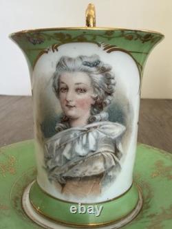 Antique Austrian Portrait Demitasse Cups Saucers Higgins Seiter Green Gold
