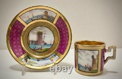 Antique Austrian Scenic Demitasse Cup & Saucer, Harbor Scenes