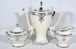 Antique Belleek Lenox Silver Overlay Coffee Pot Set + 6 Demitasse Cups & Saucers
