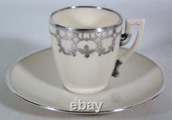 Antique Belleek Lenox Silver Overlay Coffee Pot Set + 6 Demitasse Cups & Saucers