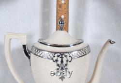 Antique Belleek Lenox Silver Overlay Coffee Pot Set + 6 Demitasse Cups & Saucers