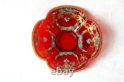 Antique Bohemian Moser ruby red enamel quatrefoil demitasse set 1900-1920