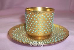 Antique COALPORT Gold Gilt & Turquoise Jeweled Dots Demitasse Cup & Saucer