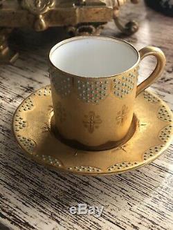 Antique COALPORT Gold Gilt & Turquoise Jeweled Dots Mini Demitasse Cup & Saucer