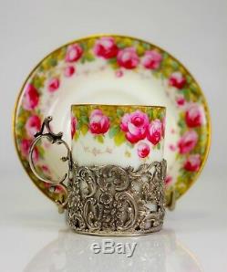 Antique Cauldon China Demi Tasse Cup And Saucer Chester Silver Art Nouveau 1903