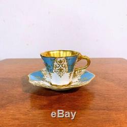 Antique Coalport China Gold and Turquoise Demitasse Cup and Saucer