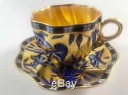 Antique Coalport Cobalt Blue Gilt Birds Bamboo Demitasse Cup & Saucer