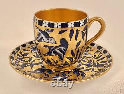 Antique Coalport Demitasse Cup & Saucer, Blue Birds & Bamboo, Gilded