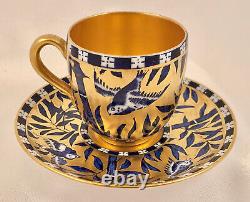 Antique Coalport Demitasse Cup & Saucer, Blue Birds & Bamboo, Gilded