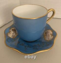 Antique Coalport Demitasse Cup & Saucer, Handpainted Mt/water Scene Gilded Gold