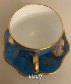 Antique Coalport Demitasse Cup & Saucer, Handpainted Mt/water Scene Gilded Gold