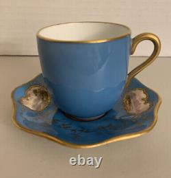 Antique Coalport Demitasse Cup & Saucer, Handpainted Mt/water Scene Gilded Gold