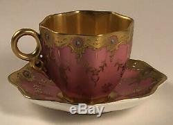 Antique Coalport Demitasse Cup & Saucer Pink Raised Gold Jeweled