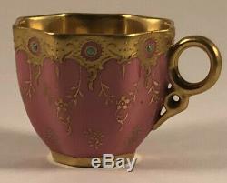 Antique Coalport Demitasse Cup & Saucer Pink Raised Gold Jeweled