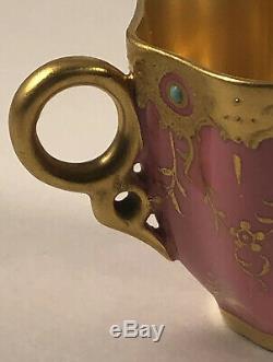 Antique Coalport Demitasse Cup & Saucer Pink Raised Gold Jeweled