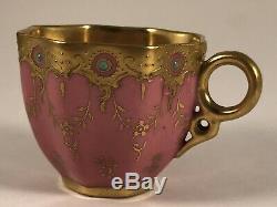 Antique Coalport Demitasse Cup & Saucer Pink Raised Gold Jeweled