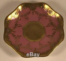 Antique Coalport Demitasse Cup & Saucer Pink Raised Gold Jeweled