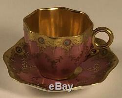 Antique Coalport Demitasse Cup & Saucer Pink Raised Gold Jeweled