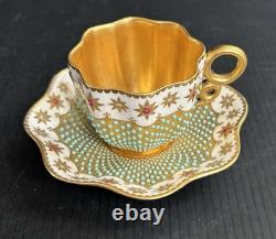 Antique Coalport England Heavy Gold Jeweled Demitasse and Saucer Set