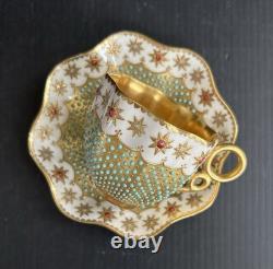 Antique Coalport England Heavy Gold Jeweled Demitasse and Saucer Set