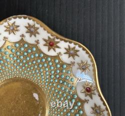 Antique Coalport England Heavy Gold Jeweled Demitasse and Saucer Set