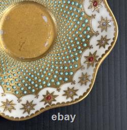 Antique Coalport England Heavy Gold Jeweled Demitasse and Saucer Set