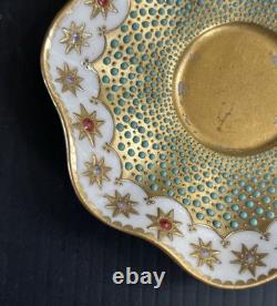 Antique Coalport England Heavy Gold Jeweled Demitasse and Saucer Set