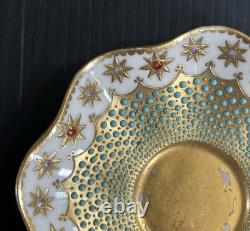 Antique Coalport England Heavy Gold Jeweled Demitasse and Saucer Set