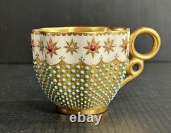Antique Coalport England Heavy Gold Jeweled Demitasse and Saucer Set