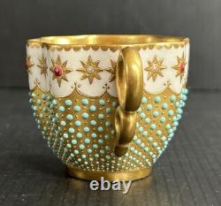 Antique Coalport England Heavy Gold Jeweled Demitasse and Saucer Set