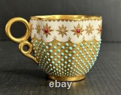 Antique Coalport England Heavy Gold Jeweled Demitasse and Saucer Set