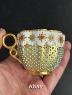 Antique Coalport England Heavy Gold Jeweled Demitasse and Saucer Set