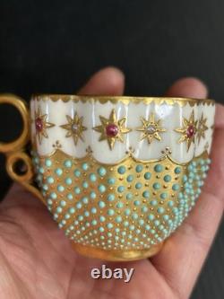 Antique Coalport England Heavy Gold Jeweled Demitasse and Saucer Set