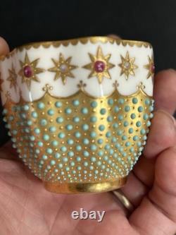 Antique Coalport England Heavy Gold Jeweled Demitasse and Saucer Set