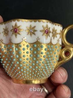 Antique Coalport England Heavy Gold Jeweled Demitasse and Saucer Set