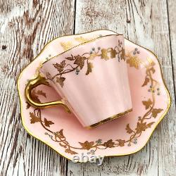 Antique Coalport England Jeweled Gold Demitasse Cup Saucer Set Pink Gold White