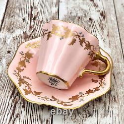 Antique Coalport England Jeweled Gold Demitasse Cup Saucer Set Pink Gold White