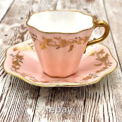 Antique Coalport England Jeweled Gold Demitasse Cup Saucer Set Pink Gold White