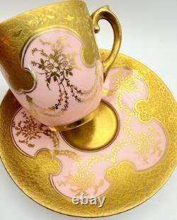 Antique Coalport For Tiffany Pink Encrusted Gold Demitasse Cup & Saucer Teacup