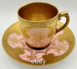 Antique Coalport For Tiffany Pink Encrusted Gold Demitasse Cup & Saucer Teacup