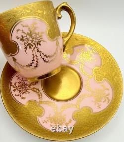 Antique Coalport For Tiffany Pink Encrusted Gold Demitasse Cup & Saucer Teacup