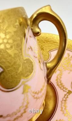 Antique Coalport For Tiffany Pink Encrusted Gold Demitasse Cup & Saucer Teacup