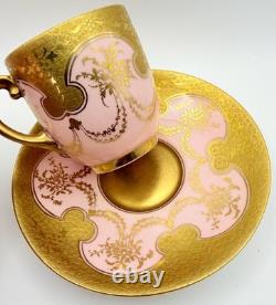 Antique Coalport For Tiffany Pink Encrusted Gold Demitasse Cup & Saucer Teacup Antique Coalport For Tiffany Pink Encrusted Gold Demitasse Cup & Saucer Teacup